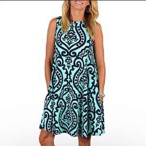 Beacon River Sleeveless Tank Dress Small Damask Print Teal Green Navy Blue